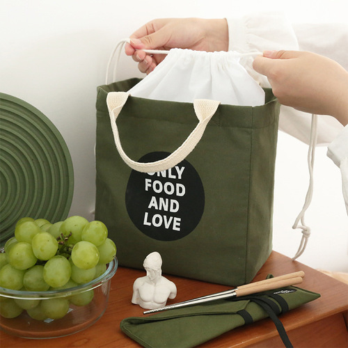 Simple ins style new lunch bag drawstring lunch insulated meal bag canvas water-repellent practical picnic bag