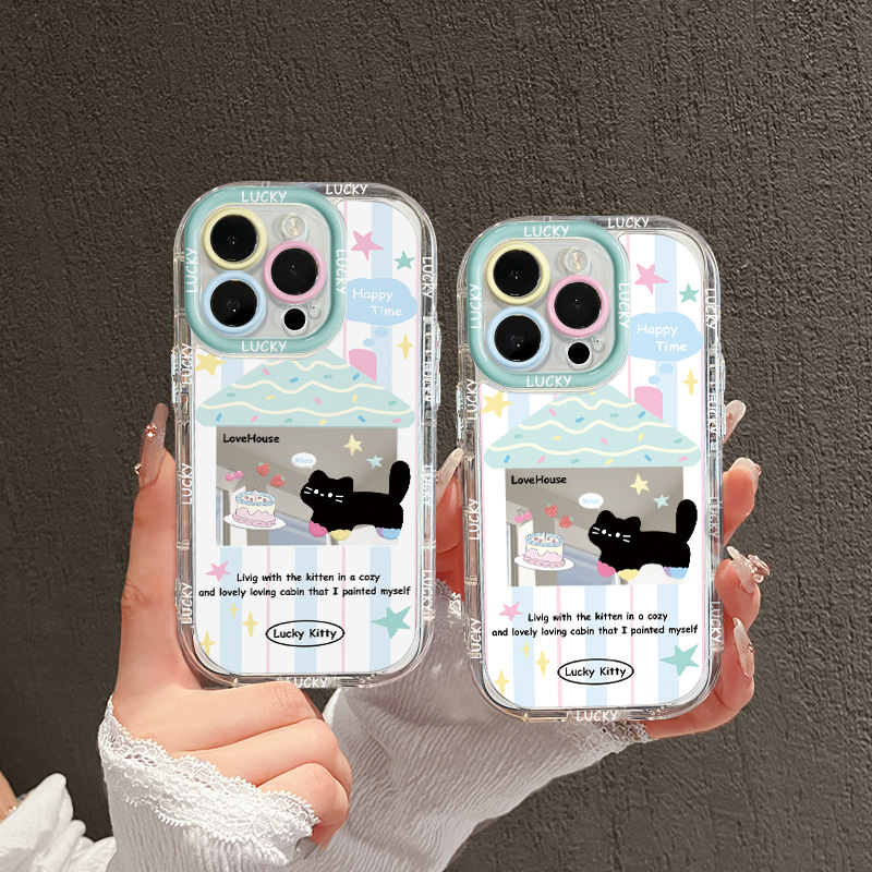 卡通蛋糕黑猫适用苹果17promax手机壳iphone15plus镜面奶油14/13