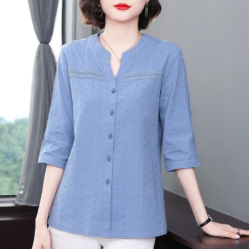 Cross-border high-end mother cotton shirt 2025 new middle-aged foreign-style small shirt lace stitching slim plus size women's clothing