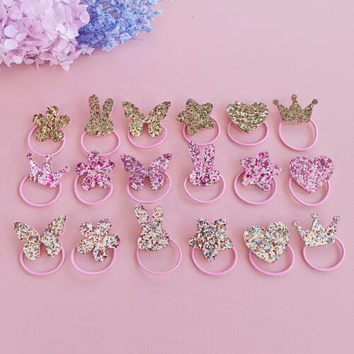 18-piece children's hair rope set, glitter Glitter rubber band, love butterfly, flower, star, rabbit crown headband