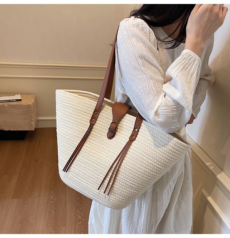 1125g Weight Weave Fashion Element Lock clasp Closure Type Double Shoulder Straps Strap Type Straw Bag Bags Type Casual Occasion cotton rope Material Solid Color Pattern Spring&Summer Season Women's Gender Beach Style Bucket Shape Large Size Women's Large Cotton Rope Solid Color Beach Weave Bucket Lock Clasp Straw Bag 16