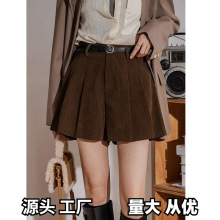 大码胖mm灯芯绒百褶休闲阔腿短裤女秋冬新款高腰小个子外穿靴裤潮