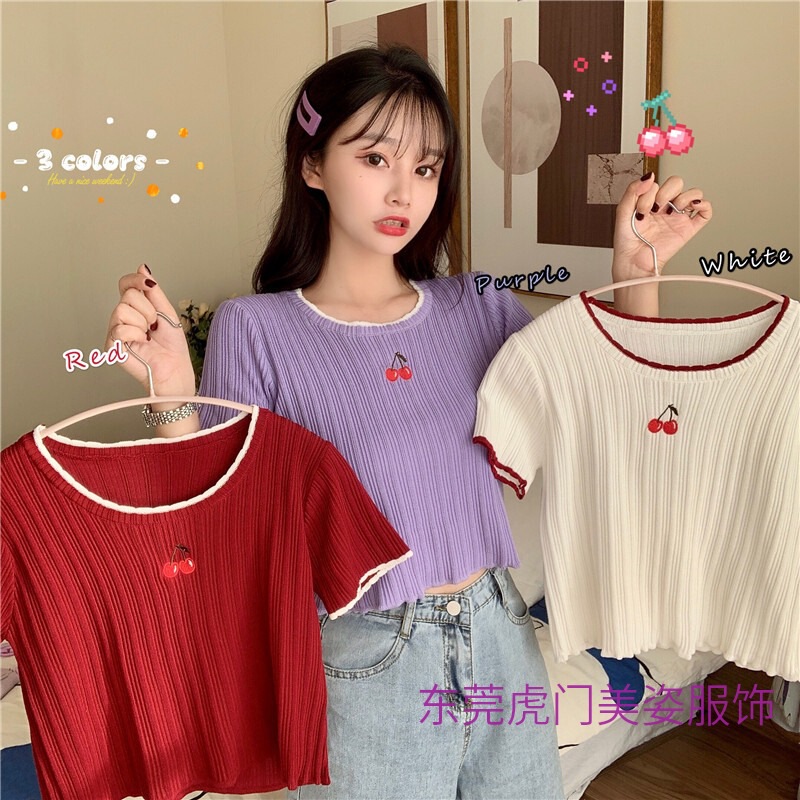 In-Stock Sweet and Stylish Korean-Style Summer New Cherry Embroidery Slim-Fit Base Knit Short-Sleeve Versatile T-Shirt for Girls