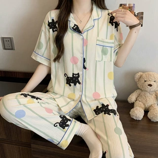 可爱少女萌趣卡通睡衣女款皱皱布夏季薄款短袖长裤开衫家居服批发