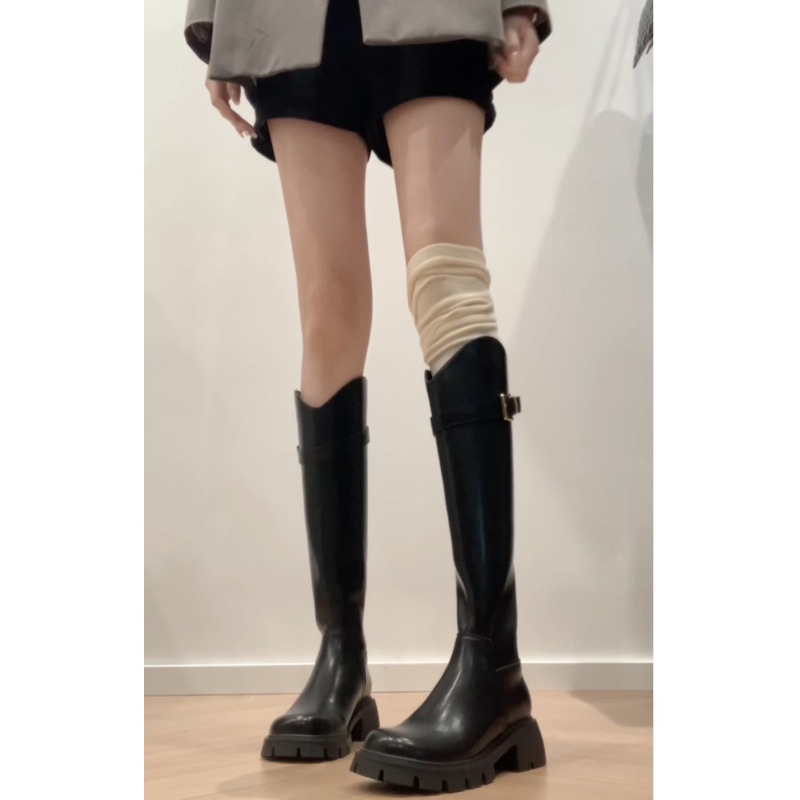 牛皮版~真皮厚底小个子长筒靴女秋冬加绒V口显瘦高筒靴骑士靴长靴