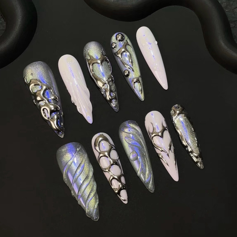 液态金属跨境热销外贸穿戴甲千禧辣妹珠光镭射美甲贴片fake nails|undefined