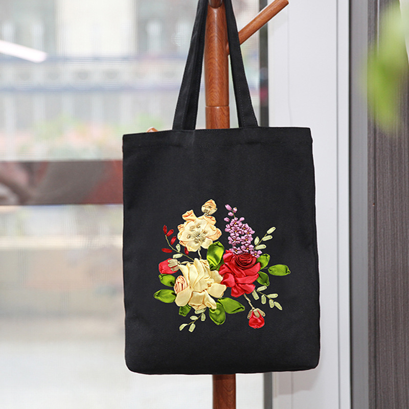 Hecho a mano DIY cinta bordada bolsa de lona Lu bordado solo hombro bolso tridimensional bordado flor lienzo mujer bolsa grande