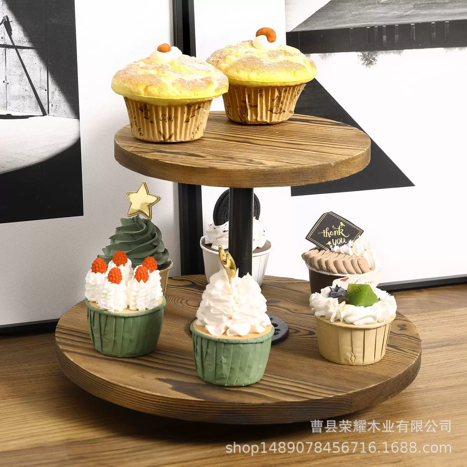 复古色托盘干果蛋糕盘 双层客厅水果点心盘 旋转欧式纸杯蛋糕架