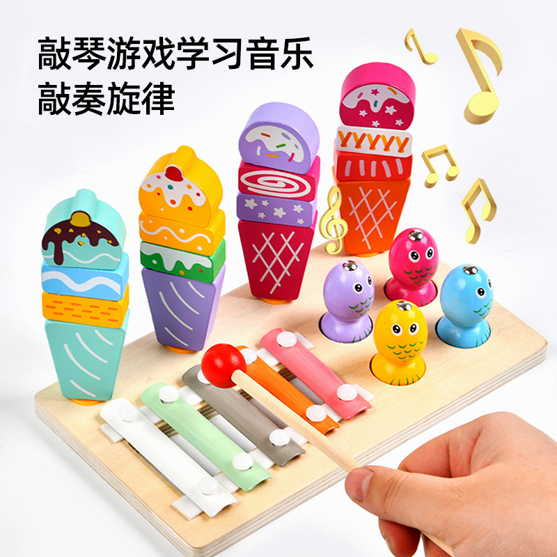 Columna de manga de pesca tridimensional de madera dos en uno para niños Montessori forma cognitiva a juego coordinación mano-ojo juguetes educativos