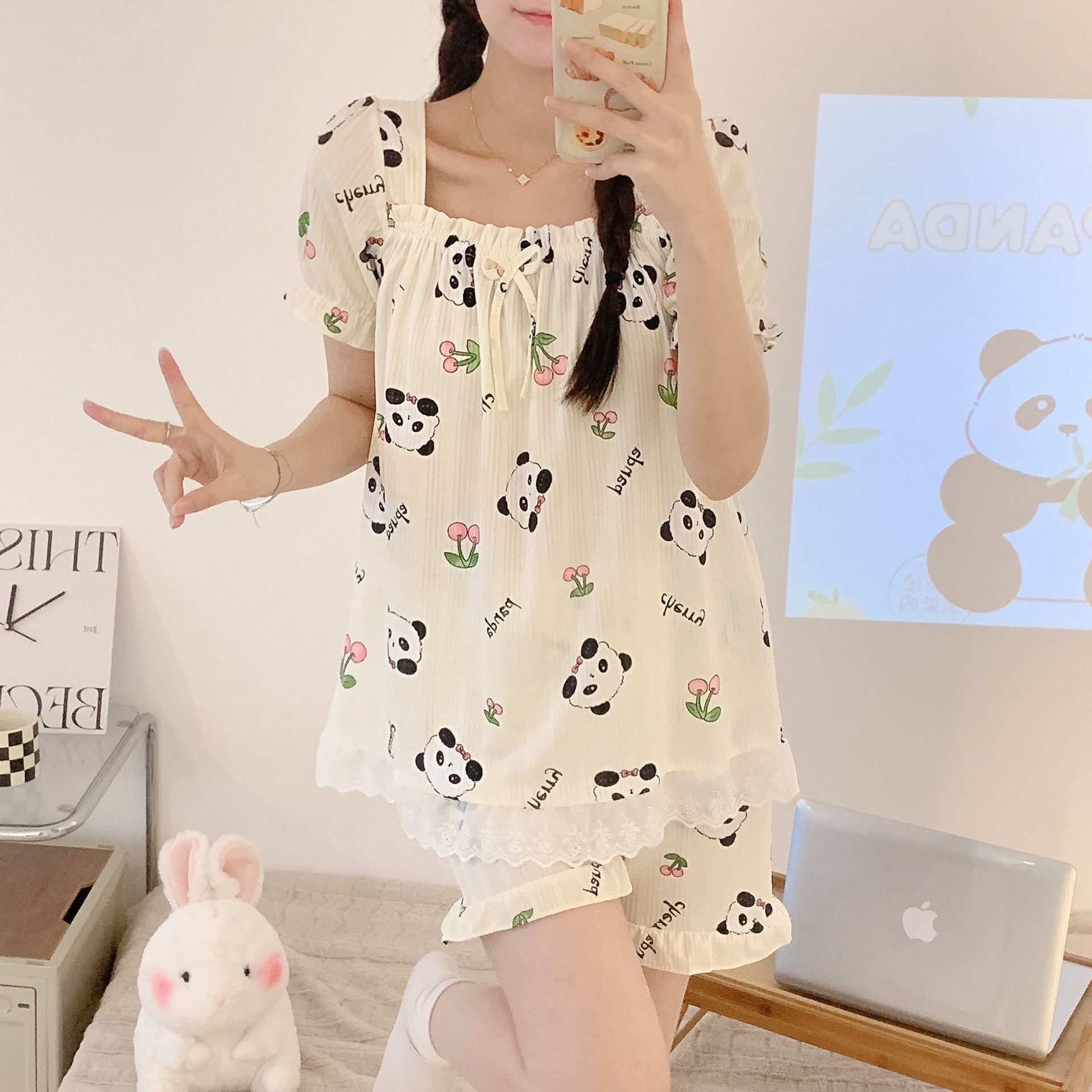 Tronos de algodón de imitación de verano al por mayor transfronterizos, pantalones cortos de manga corta con cuello de una línea, pijamas, tumba de princesa femenina, traje de dibujos animados, servicio a domicilio