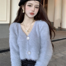 v领短款仿貂绒毛衣女 新款日系慵懒针织小开衫跨境纯色网红外套潮