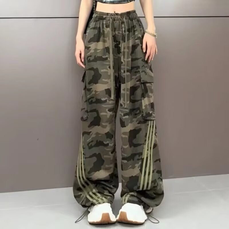 アメリカのストライプの迷彩の工装のズボンの女性の薄い金の2025夏の新型のカジュアルなゆったりしているのが見えます。|undefined
