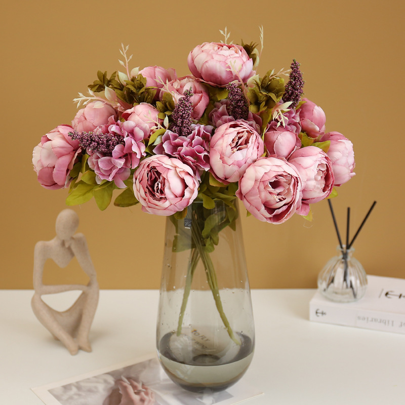 Artificial 13-cabeza estilo europeo núcleo peonía flor nórdica casa mesa de comedor vestido hasta boda fotografía decoración artificial flor artificial