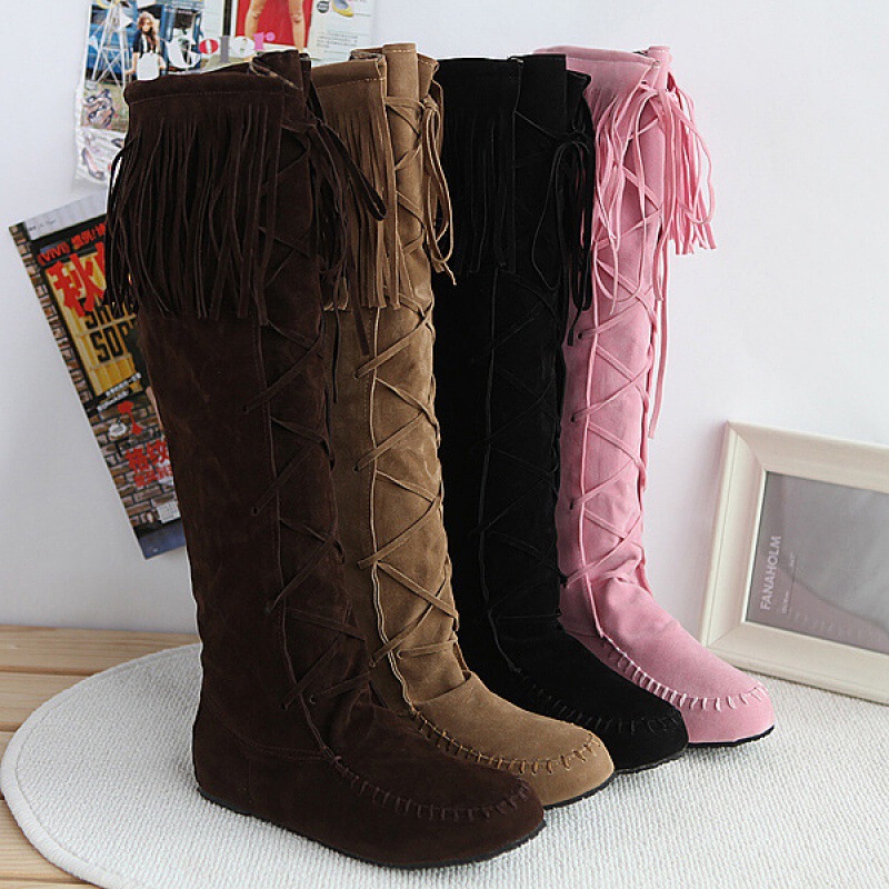 AliExpress WISH Women's Boots Tassel High Boots Women's Shoes Lace-Up Round Toe Flat Heel Knee-High Long Boots Women's Shoes
