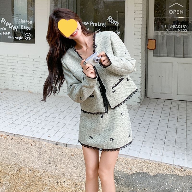 蕾丝拼接小香风套装裙女春秋2025新款小个子气质高级感短裙两件套|undefined