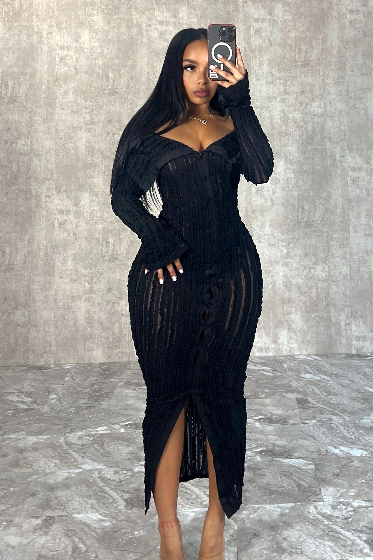 Elegant One Shoulder Women's Dress With Wave Pattern Long Sleeves_voghion.com