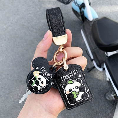 Nxt/Nplay/N1S/Mt/N: Electric vehicle key cover shell - leather-keychain-double-card-holder-black-panda