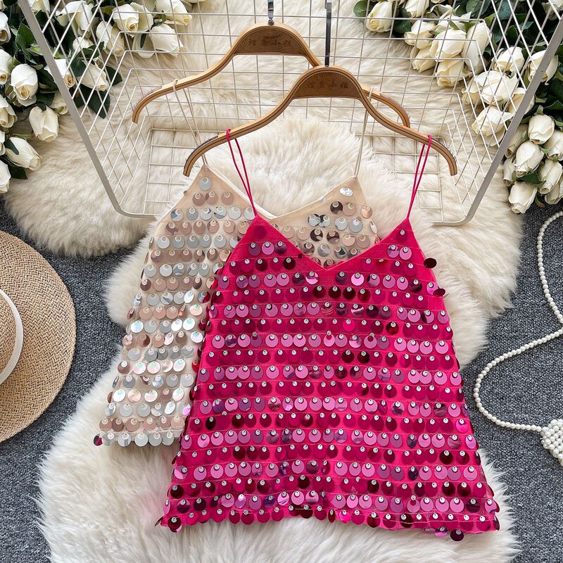 Nightclub Sexy Performance Top Versatile Outerwear Camisole Sequin Shiny V-Neck Spicy Girl Tube Top