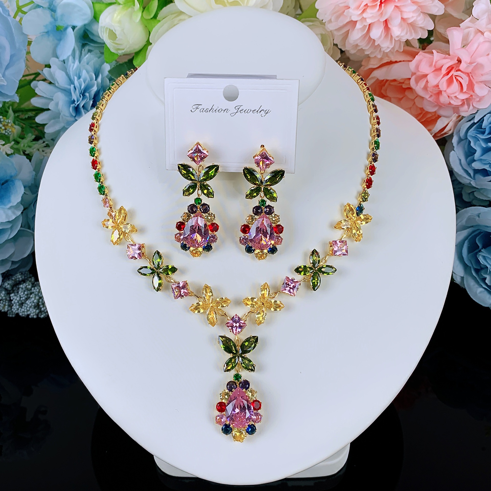 Collar de color de la industria pesada amazona orejas joyas set de moda de lujo vestido de novia cena joyas de zircon mujer image 48