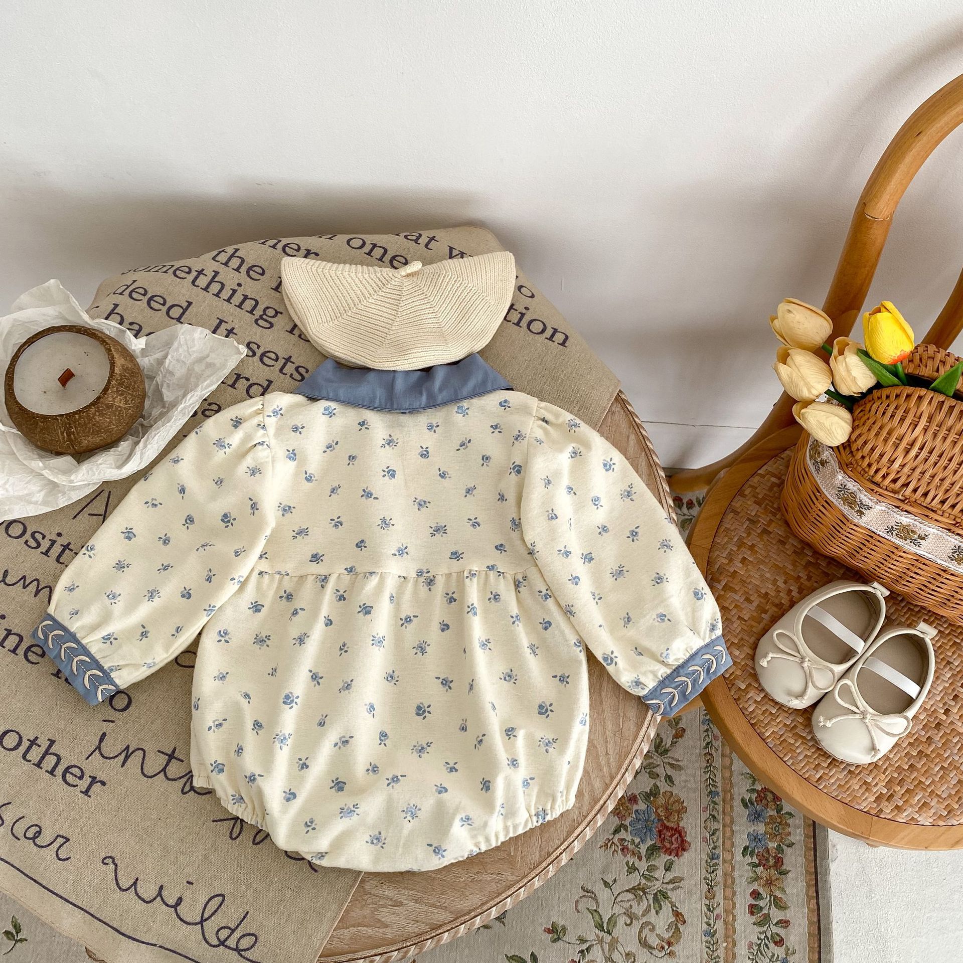 INS 2024 Autumn Infant and Girl Baby Floral Contrast Collar Embroidered Long Sleeves Yi Ha Skirt Bag Butt jumpsuit_voghion.com