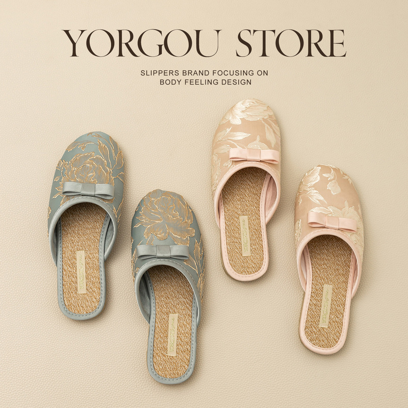 Yuangang Chinese-Style Embroidered Cotton and Linen Slippers for Women, Summer Indoor Non-Slip Breathable Closed-Toe Slippers for All Seasons