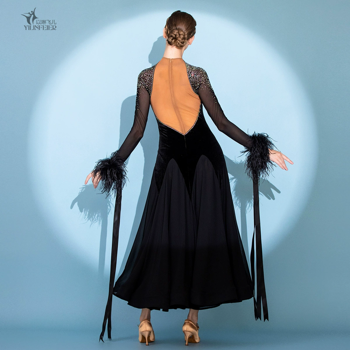 Королева черного! Современное танцевальное платье Dress Down с перьями S7106, национальный стандарт, вальс, бальное платье с кристаллами