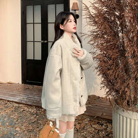 白色高级感轻熟风毛呢外套女2025冬新款时尚气质拼接毛绒立领棉服