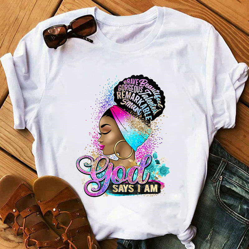 God Says I Am Beautiful T-shirt fashion golden sequins black melanin Queen t-shirt