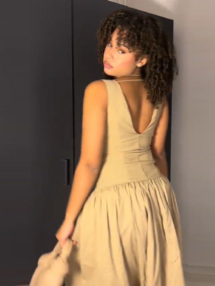 French Style Solid Hollow Out Sleeveless Waist Cinched Dress Women's Single Breasted Slim Fit Mid Length Vacation Long Dress_ecoleips.com
