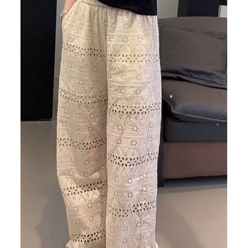 Cotton large-size women's clothing summer thin lace hollowed-out loose wide-leg pants, high-waist slimming straight casual pants.