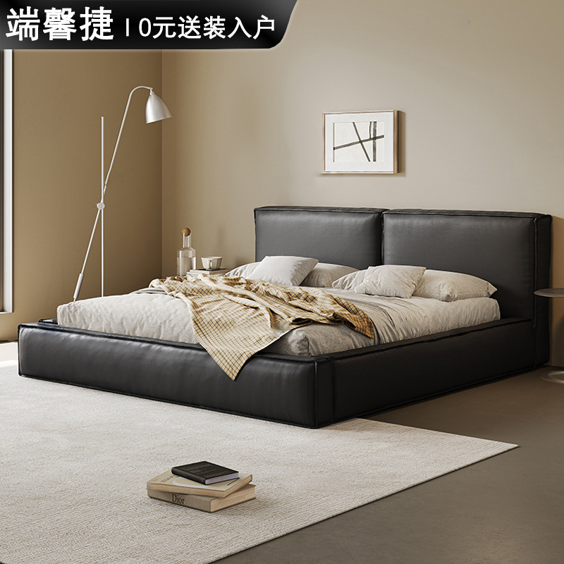 Cama de cuero genuino cama suave negro dormitorio principal de alta gama elegante tofu bloque cama doble 1,8 m italiano minimalista simple cama de boda
