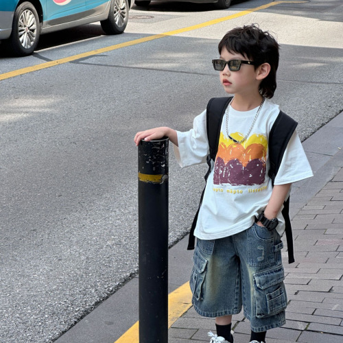 Tairu 2024 new summer Korean style boys' fashionable and versatile ripped workwear jeans children's shorts trendy