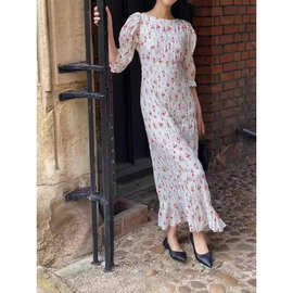 美系DO24年早秋新款法式田园风碎花包身伸缩泡泡袖修身收腰鱼尾裙