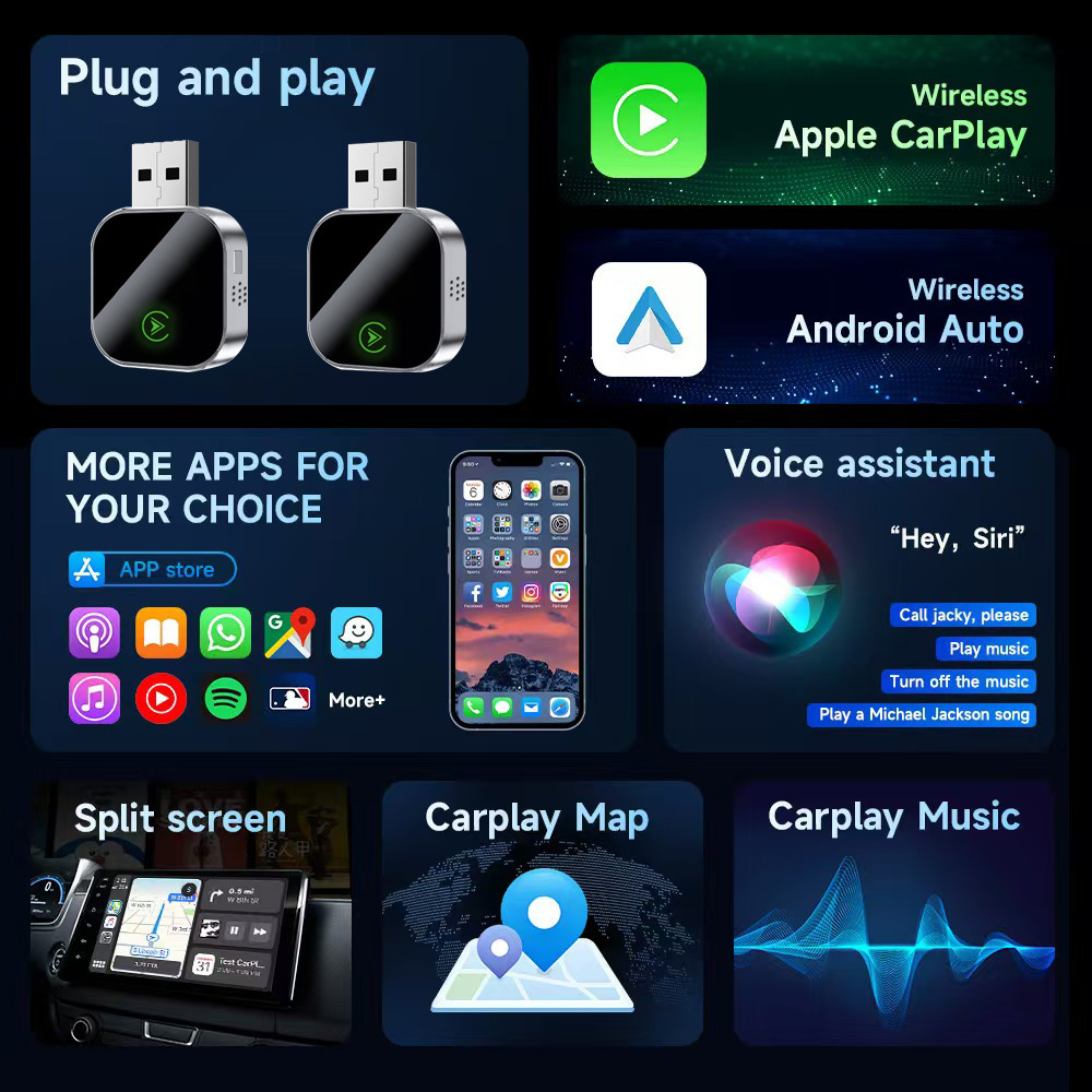 Upgraded Metal Carplay Box Wired to Wireless Android Auto Two-In-One Adapter Car Interconnection
