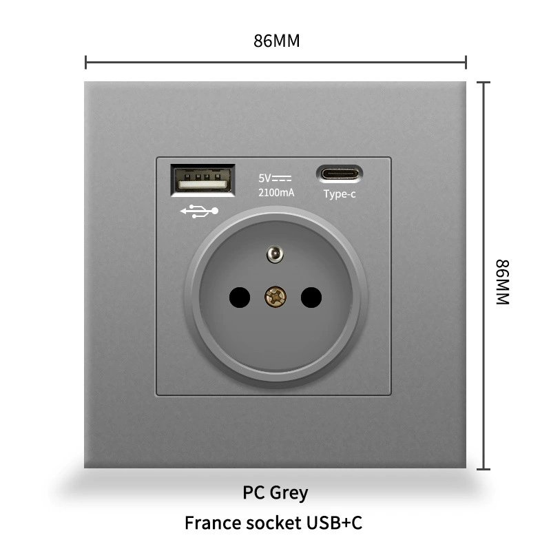 86 евростандартная панель розетки с французской вставкой, Type-C + USB, европейский стандарт 16A, стеклянная панель