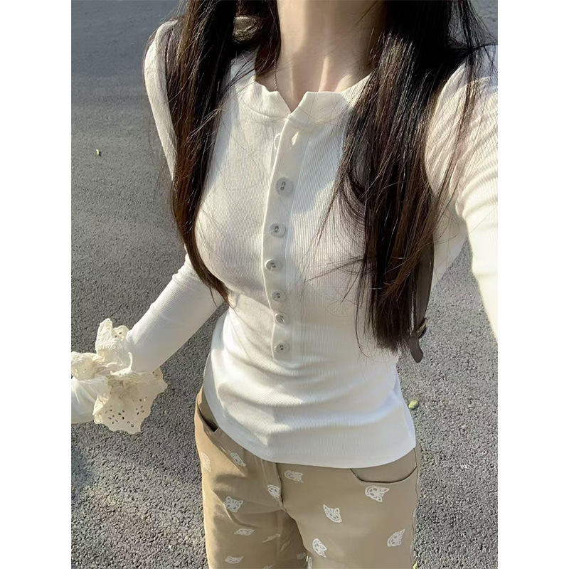 设计感小众纽扣棉长袖T恤女秋季内搭短款打底衫辣妹修身上衣|undefined