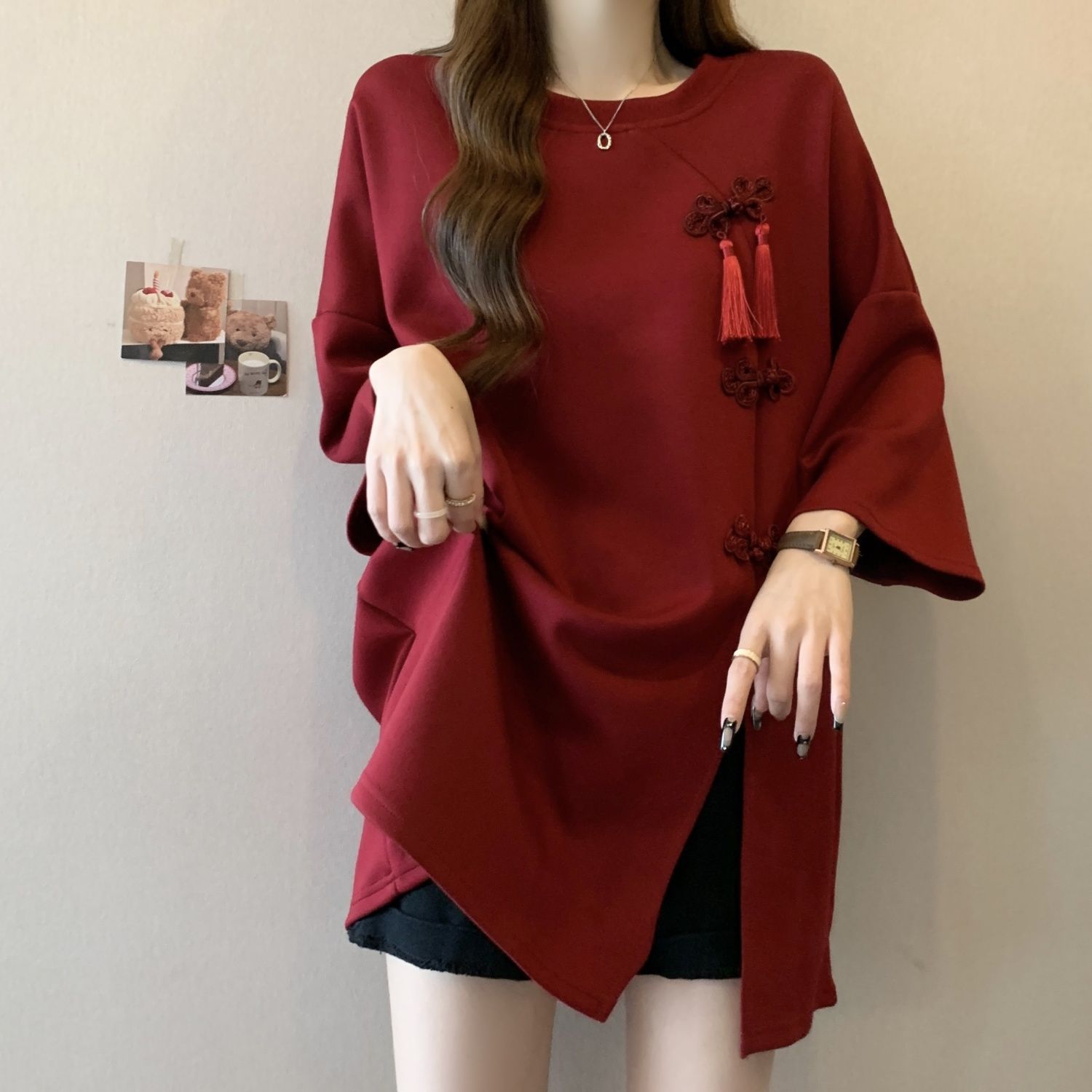 Camiseta de manga corta con hebilla de estilo nacional de la industria pesada para mujeres 2024 verano nuevo estilo suelto y delgado top de talla grande para mujeres ins image 3