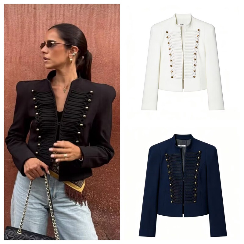 Pb&Za Cross-Border Women's Clothing French-Style Metal Hook Button Round Neck Long-Sleeved Slim-Fit Blazer with Shoulder Pads 4840798