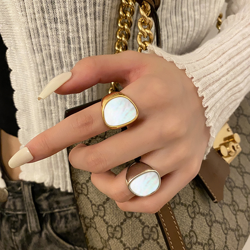新款白贝母个性女式戒指金属开口几何型潮流韩版东大门食指指环