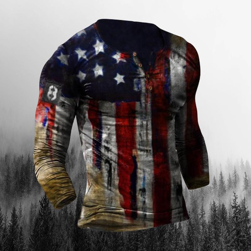 European and American foreign trade men's 2025 new men's collar printing retro military coat men's long sleeve T-shirt men's