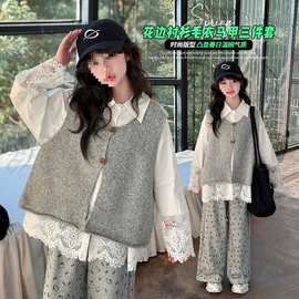 儿童套装女童中大童春季一整套春秋装2025新款蕾丝马甲套装三件套