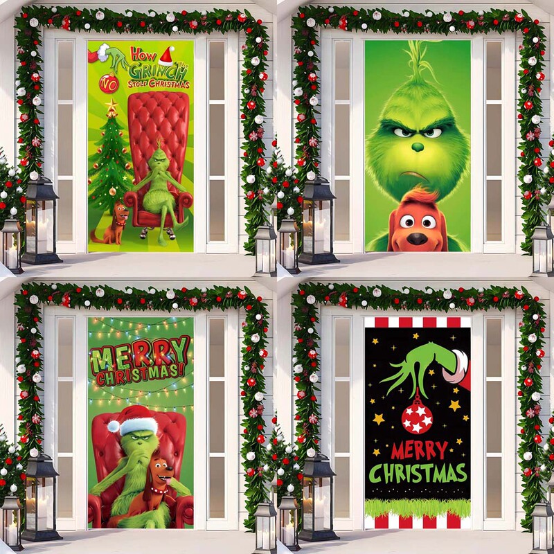 Christmas Door Cover Decoration Hanging Cloth Green Fur Grinch Door Cover Santa Claus Door Curtain New Year Tapestry Door Hanging Decoration Background