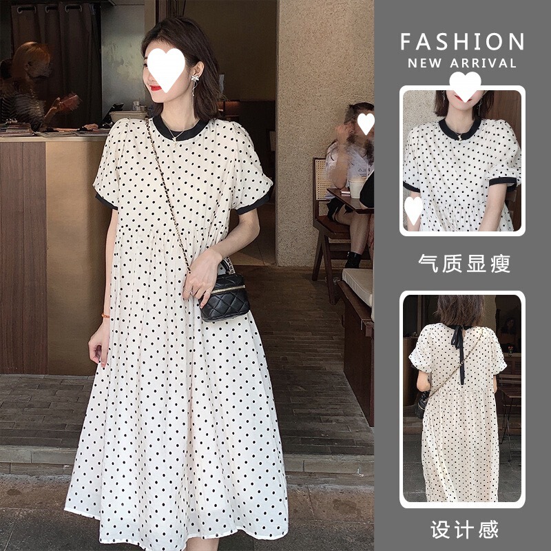 Summer plus size Vintage Cute All-match Elegant Black and White Dot Lace-up Loose dress Long Dress for Women