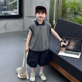 帅气童装男童夏套装无袖条纹儿童polo衫2026新款短袖短裤两件套潮