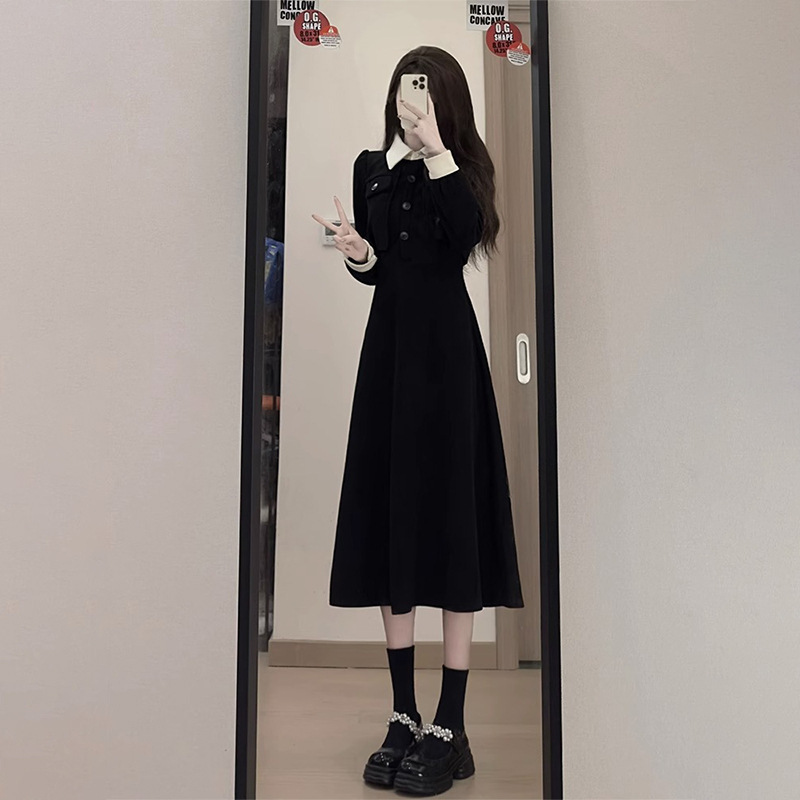 春秋装连衣裙撞色翻领气质收腰线假两件裙子高级感小众连衣裙女装|undefined