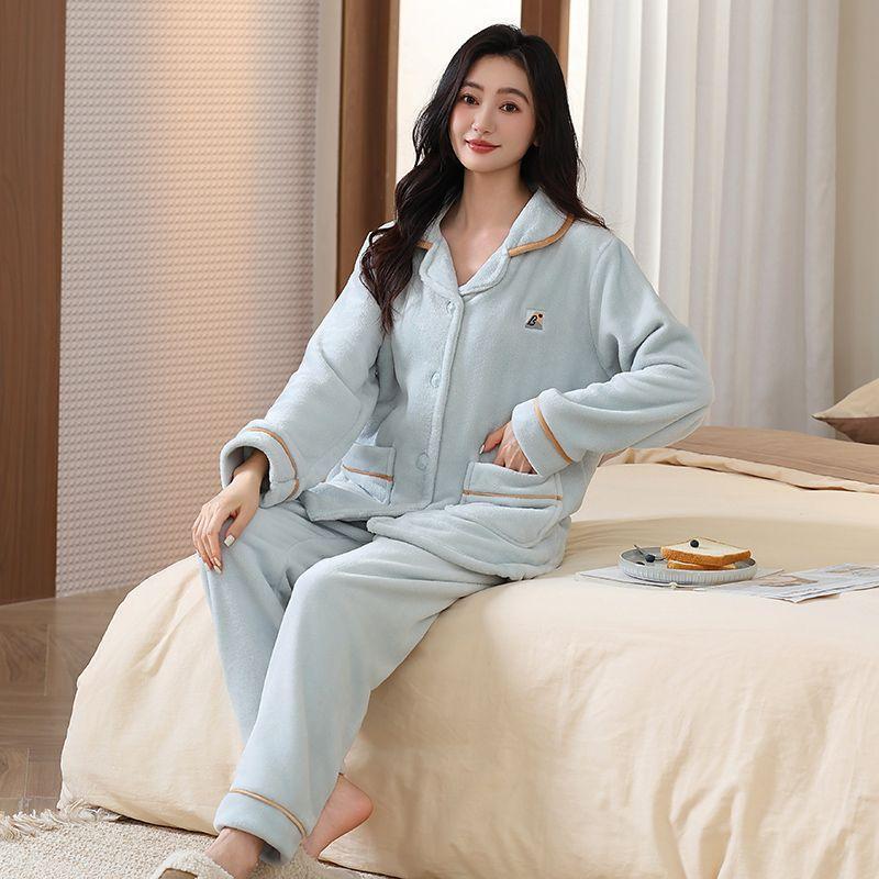 睡衣女士法兰绒秋冬季保暖加厚蓝色开衫长袖长裤家居服可外穿套装|undefined
