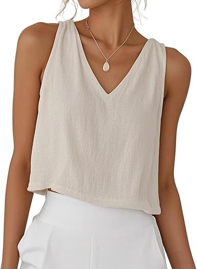 ヨーロッパとアメリカのアマゾン新しい女性の V ネックショートコットンリネンベスト春と夏のノースリーブシャツ|undefined
