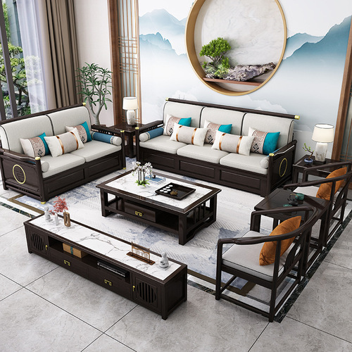 Modern Chinese-style full solid wood sofa set, suitable for small and large household types, living room sofa furniture, modern minimalist storage fabric sofa