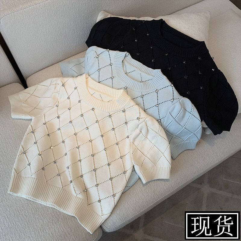 Heavy Beading Short-Sleeve Knit Top for Women, New Summer Style, Gentle and Pure Desire Style, Puff Sleeve T-Shirt, Short Top for Women Heavy Beading Short-Sleeve Knit Top for Women, New Summer Style, Gentle and Pure Desire Style, Puff Sleeve T-Shirt, Short Top for Women