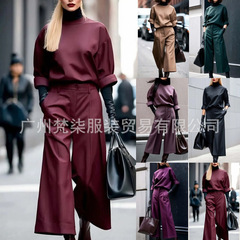 2024秋冬欧米越境アマゾン独立駅カジュアル純色シンプルスーツセット長ズボン2点セット女性